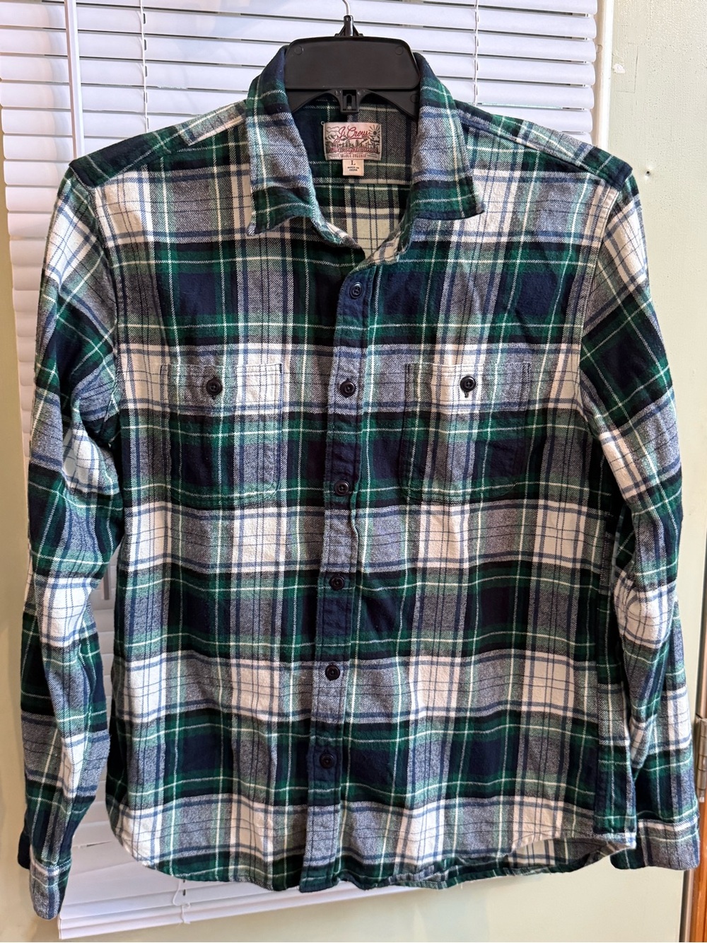 Vintage J Crew Brand Men's Green & Navy Plaid Flannel Shirt, Classic, Size L